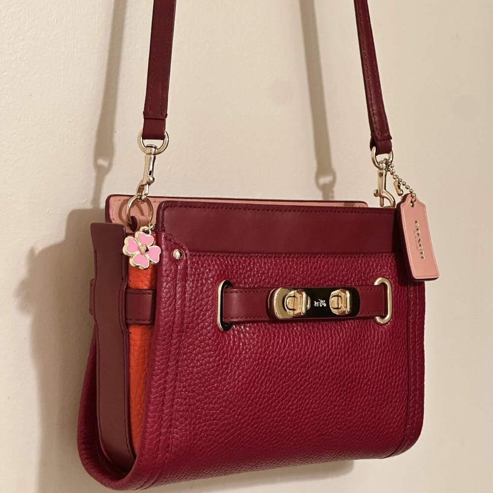 Leather COACH SWAGGER COLORBLOCK Convertible Crossbody Cherry $275 MRSP - Picture 4 of 16